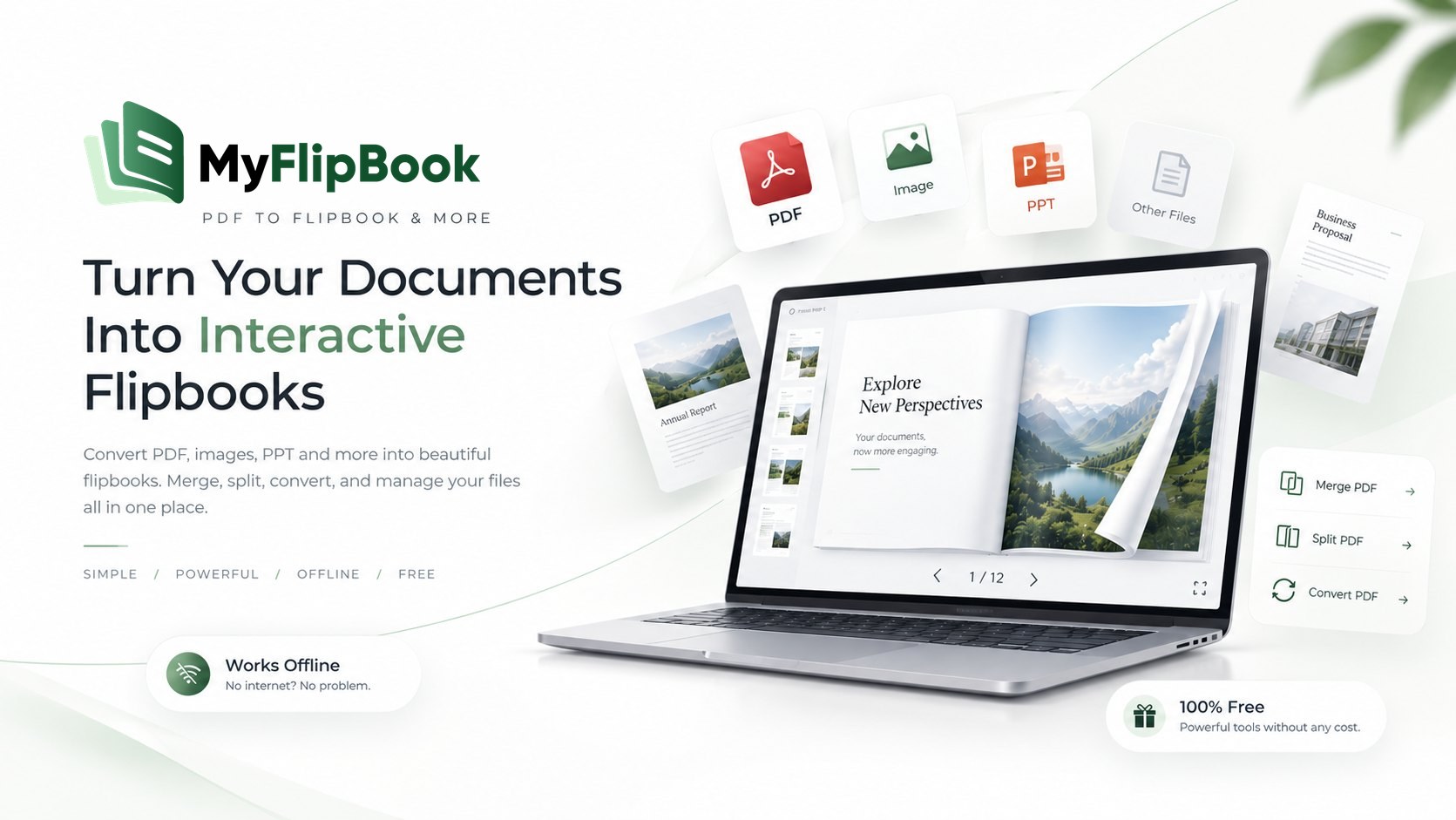 MyFlipbook: turn your documents into interactive flipbooks. Convert PDF, images, PPT and more; merge, split and convert your files in one place.